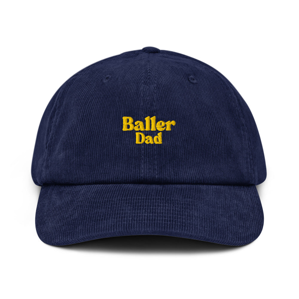 Baller Dad Corduroy Hat in navy with yellow embroidery